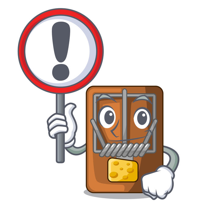 Ein Achtung-Schild mit Ausrufezeichen warnt vor einer Mausefalle. Der Speck in der Falle symbolisiert das Jobangebot.