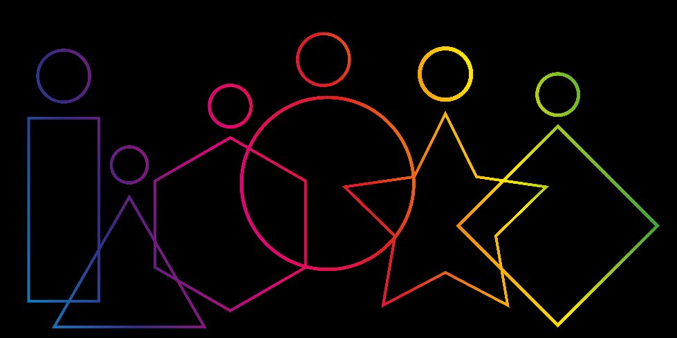 Sechs unterschiedliche geometrische Figuren in verschiedenen Farben stehen nebeneinander. Über jeder Figur ist oben ein Kreis, der einen Kopf symbolisiert. Das Bild steht für Diversity.