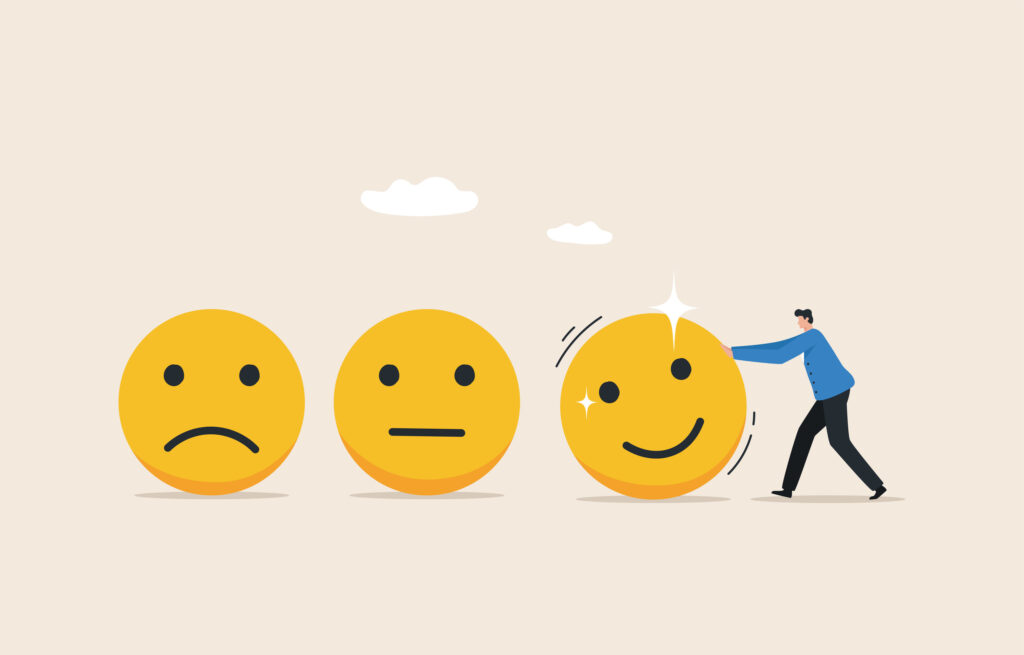 Ein trauriges Emoji wird erst ein neutrales und dann ein lachendes als Symbol für den Lachenden Dritten.