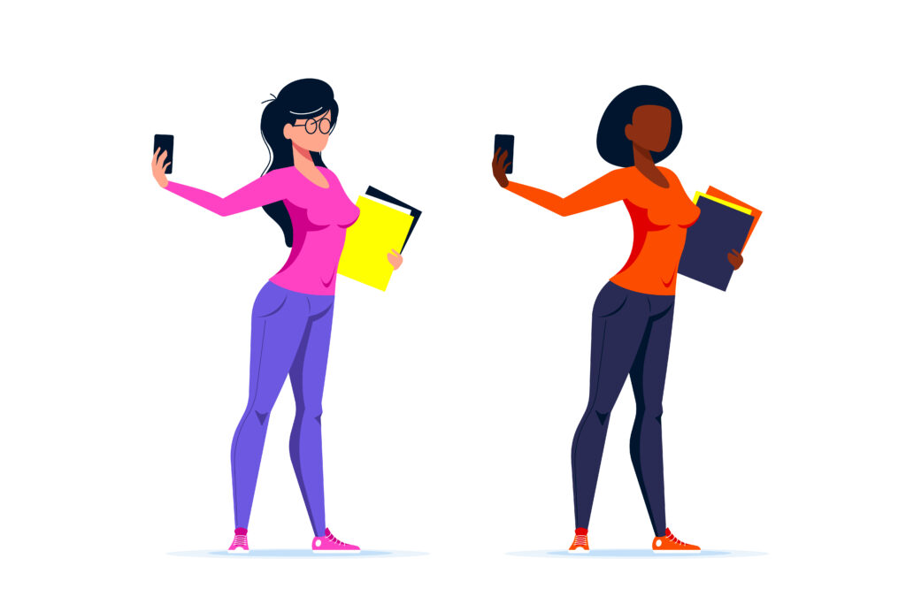 Zwei Frauen betrachten sich in Handspiegeln, wobei die rechte Frau die linke Frau im mimetischen Begehren nachahmt.